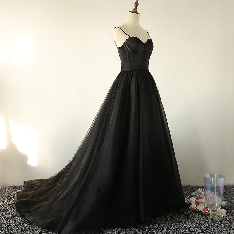 A-line Black Gorgeous Spaghetti Straps Long Modest Prom Dresses, Ball –  SposaBridal